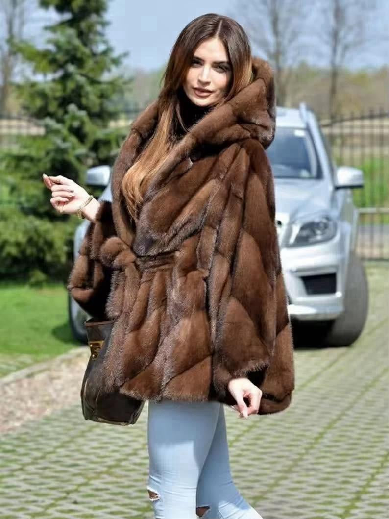 Eco-pelliccia con cappuccio e cintura in vita, Made in Italy 🇮🇹ecologica tutte le taglie disponibili
