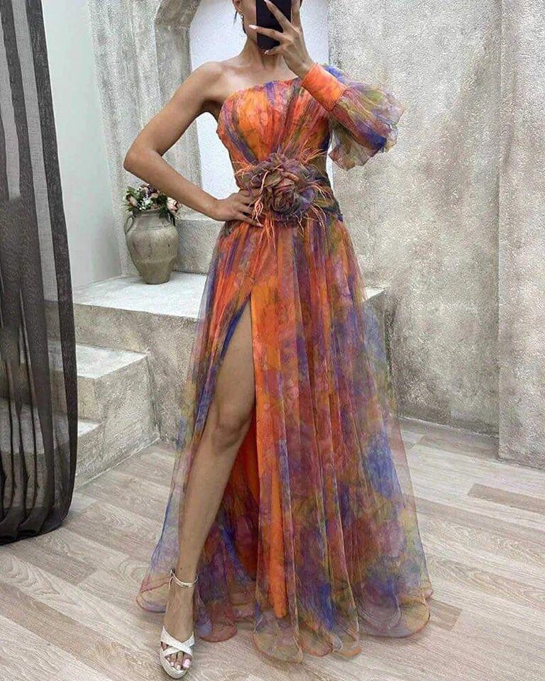 Abito multicolor monospalla tessuto organza foderato con fiore in vita Made in italy Taglie 38/58