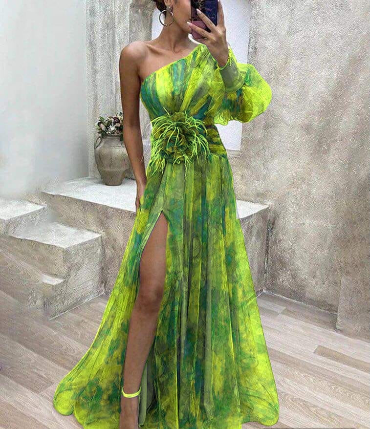 Abito multicolor monospalla tessuto organza foderato con fiore in vita Made in italy Taglie 38/58