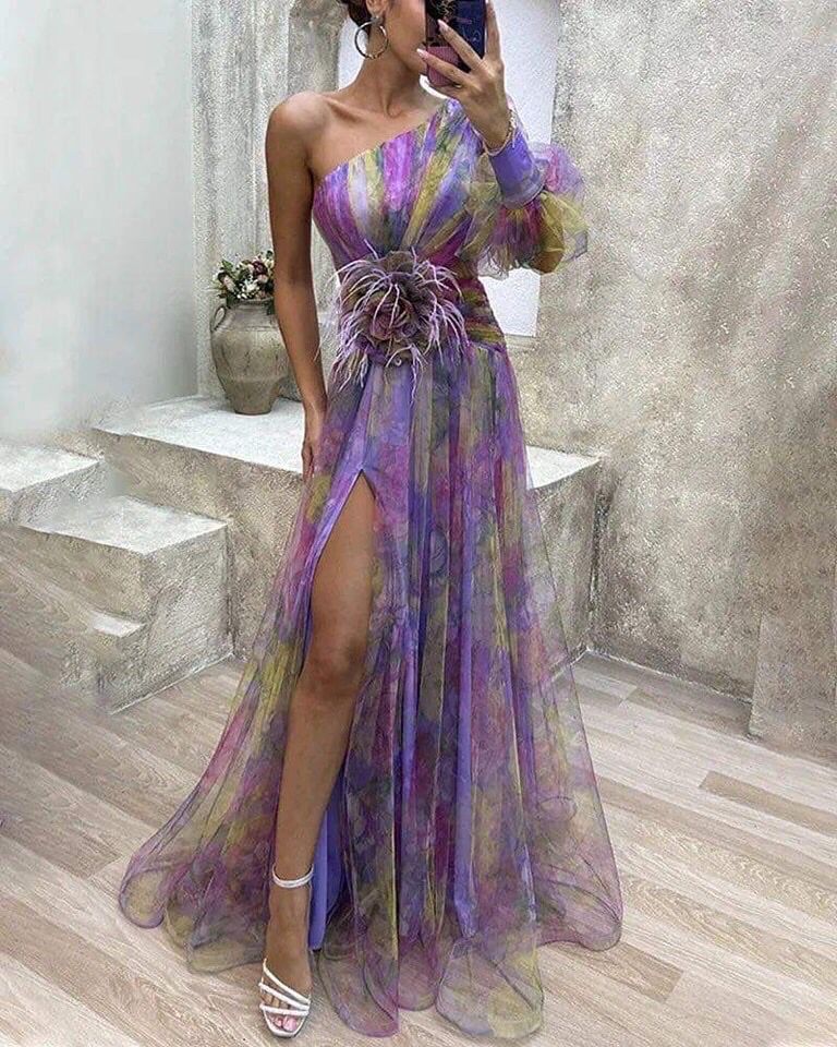 Abito multicolor monospalla tessuto organza foderato con fiore in vita Made in italy Taglie 38/58